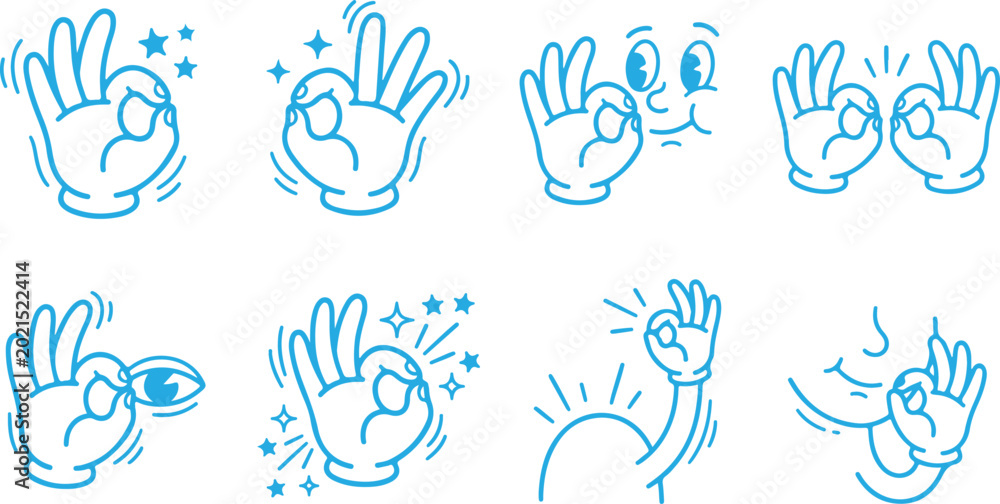 Fototapeta premium Collection of vector illustrations of hands making OK gesture with stars and sparkles.