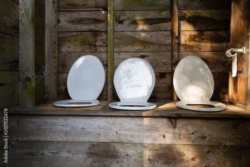 Schilderij op canvas Outdoor outhouse with room for several customers - three toilet seats