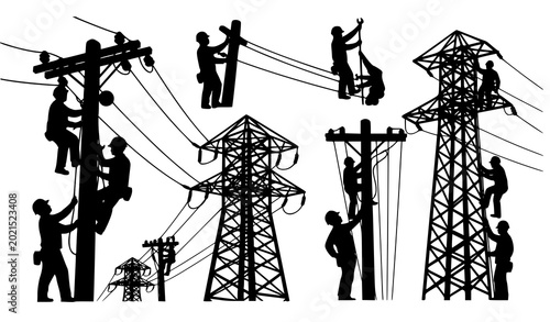 Photos Energy infrastructure silhouette vector set electrical linemen and power grid wo