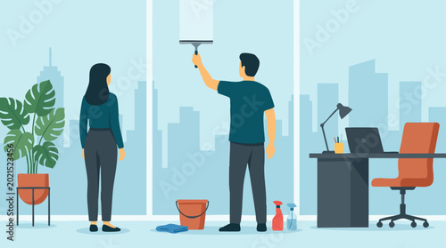 Фотография Professional cleaner tidying office window with city view, woman observing