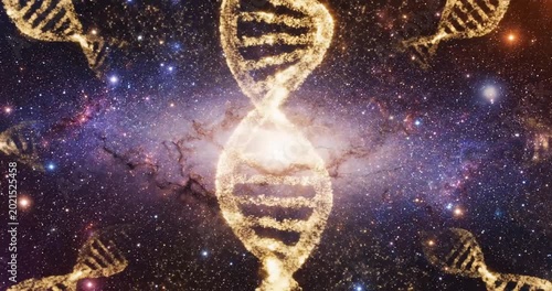 Glowing DNA Helix in Cosmic Space with Stars and Galaxies in the Background