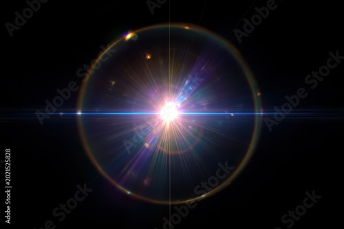 Minimal cinematic lens flare design with crisp glow and chromatic rings on a dark backdrop