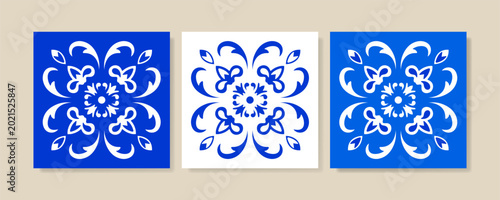 Mexican Talavera Tile. Three tiles with blue patterns on beige background