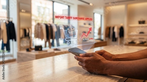 Person using a smartphone to view a holographic display showing a shopping cart icon with a rising price surcharge graphic