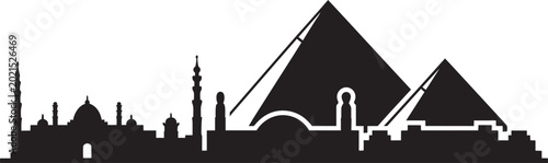 Quadro su tela Ancient Egypt pyramids and mosque skyline silhouette adventure on white backgrou