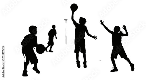 Schilderij op canvas Basketball Silhouette: Energetic figures engage in a dynamic basketball game, with bold silhouettes