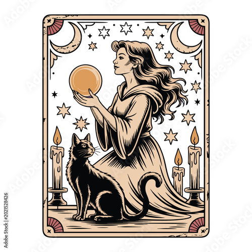 Mystic Witch and Black Cat Tarot Illustration