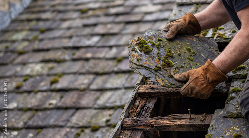 Roofer repairing old slate roof with moss. Man working on home exterior maintenance. Construction worker replacing damaged shingles on damaged wooden roof structure. Home renovation concept.