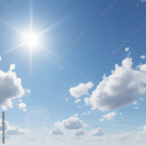 Bild auf Leinwand Sun shines brightly in clear blue sky with fluffy white clouds floating freely