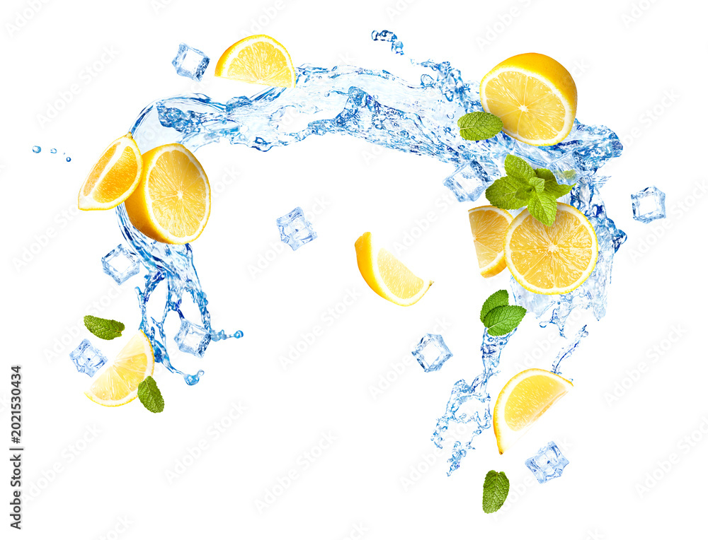 Fototapeta premium Fresh lemons, mint leaves, ice cubes and splashing water on white background