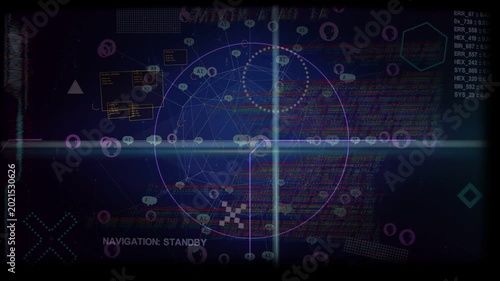 HUD on boot, ring scanning as magenta route and nodes drifting across crosshair, showing standby