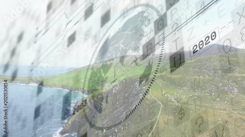 Overlay appearing, coast showing time flow, globe drifting, tiles falling, years moving right