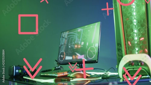 On start desktop gaming setup remaining still while pink shapes drifting over HUD to highlight UI