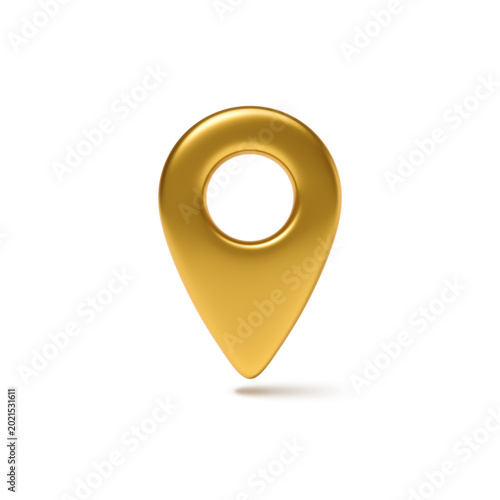 A golden glossy location pin. A minimalist 3D render with a soft shadow, perfectly suited for navigation themes.