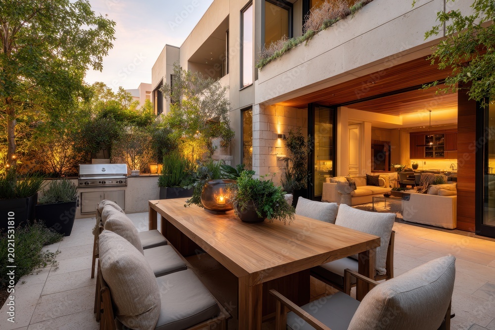 Fototapeta premium Tranquil luxury patio dining area with natural textures, greenery, and a welcoming seating arrangement