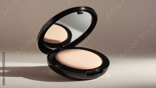 A compact powder makeup case with a mirror on a beige background