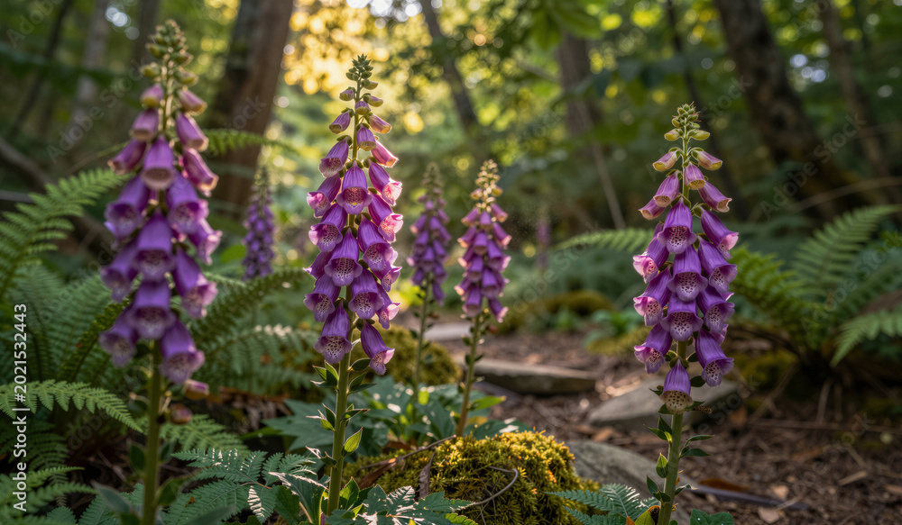 Obraz premium Purple foxgloves stand tall in a mossy forest. Ferns and dappled sunlight surround the scene. Deep green foliage adds texture and depth. Natural light filters softly through the trees
