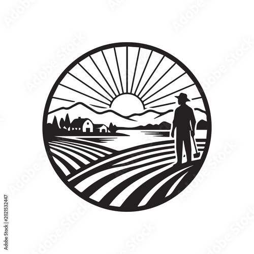 Farmer Agriculture Landscape Silhouette Vector Illustration