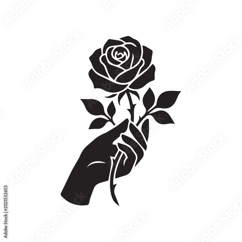 Hand Holding Rose Flower Silhouette Vector Illustration