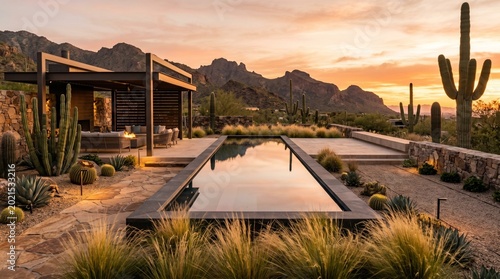 “Design a contemporary desert landscape featuring sculptural cacti, ornamental grasses, warm stone textures, and a minimalist reflecting pool. Use dramatic golden-hour lighting and refined geometric e