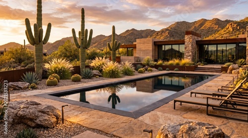 “Design a contemporary desert landscape featuring sculptural cacti, ornamental grasses, warm stone textures, and a minimalist reflecting pool. Use dramatic golden-hour lighting and refined geometric e