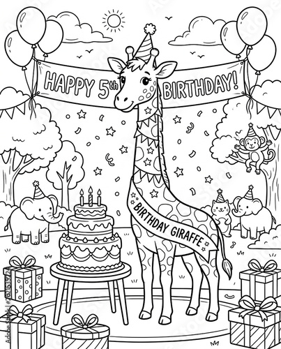 Cheerful giraffe celebrating birthday party with cake and decorations, fun cartoon coloring page illustration