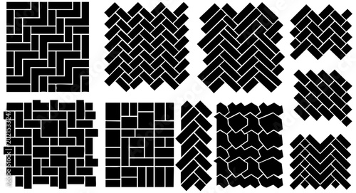 Set of various geometric paving patterns showing different brick layouts for landscape architecture and construction design