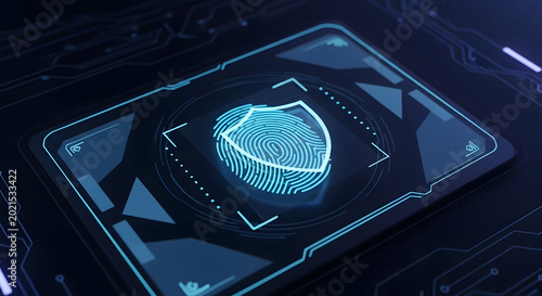 Digital fingerprint biometric security scan with glowing shield emblem on circuit board background