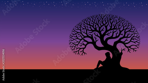 Modern Art - Silhouette of Person Under a Sprawling Tree at Sunset