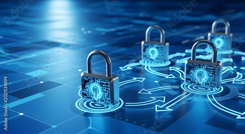Digital Padlocks Interconnected on Circuit Board with Glowing Lines Representing Network Security Concept