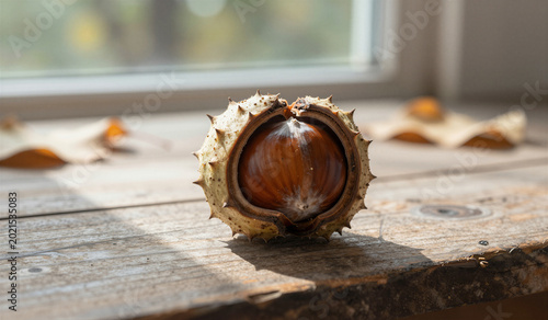 Sunlight hits a single chestnut on rough wood. Spiky husk reveals rich brown seed inside. Leaves scatter around in soft autumn light. Scene rests near window, calm and still. Perfect for seasonal