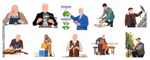 Tableau sur toile Vector collection of senior men engaged in diverse professional crafts and traditional hobbies such as watchmaking, beekeeping, glassblowing, and gardening