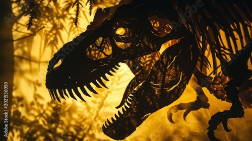 Golden light glows through dinosaur silhouette. Sharply detailed jaws, teeth, and scales dominate frame. Darkened forest backdrop hints prehistoric wilderness. Dramatic contrast evokes primal power