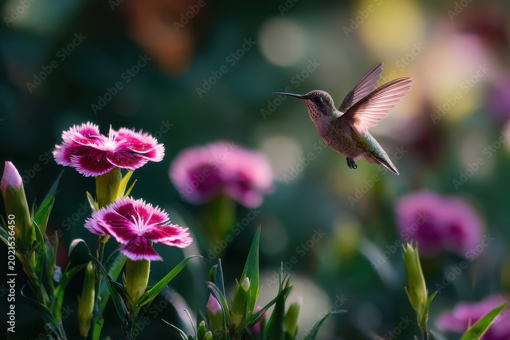 Fototapeta premium Pollinator Visit: Hummingbird Near Pink Dianthus Blossoms in Morning Light