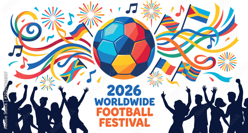 Fototapeta premium Colorful illustration of 2026 Worldwide Football Festival celebration with people soccer ball and flags