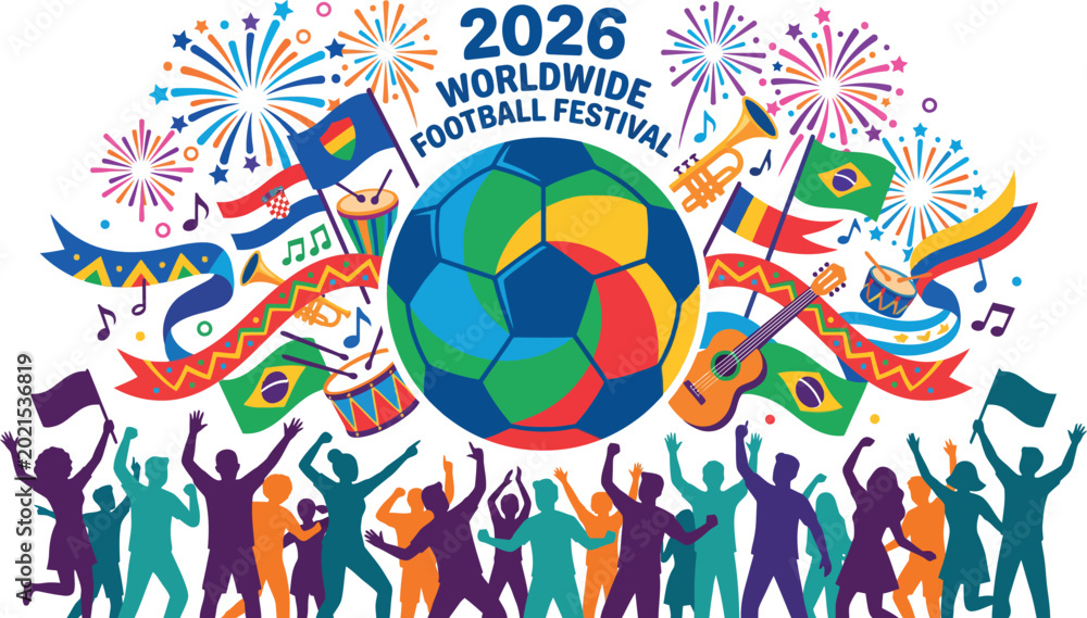 Fototapeta premium Colorful illustration of 2026 Worldwide Football Festival with people and soccer ball celebration