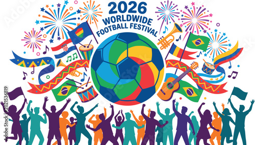 Foto Colorful illustration of 2026 Worldwide Football Festival with people and soccer
