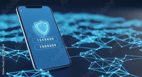 Smartphone displaying digital security shield and login screen with glowing network grid background