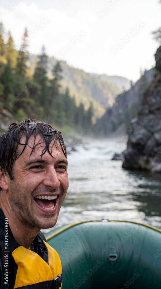 Fototapeta premium Man rafting on wild river. Excited male adventurer enjoying white water rapids in canyon. Summer outdoor extreme sport, adrenaline rush and active leisure in nature, recreational trip.