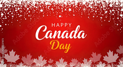 Happy canada day celebration with festive red background and maple leaf confetti
