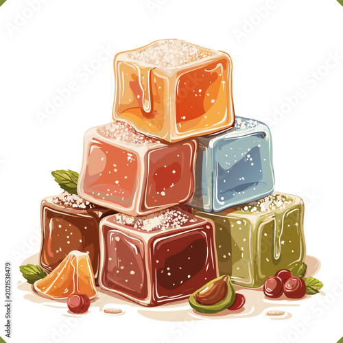 Vector illustration of colorful Turkish delight cubes with powdered sugar and fruit, traditional sweet dessert isolated on a white background, perfect for packaging and food design