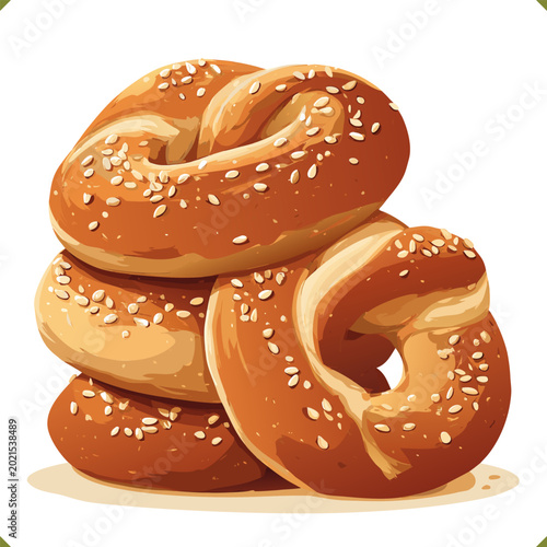 Vector illustration of Turkish simit sesame bread stack, traditional baked ring pastry, isolated on a white background, ideal for bakery menu, breakfast concept and food design