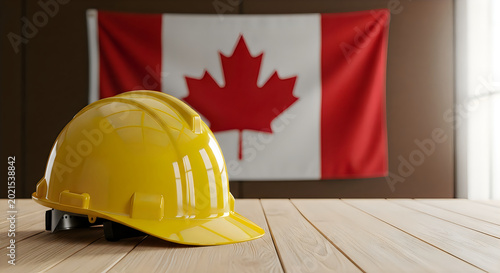 Yellow hard hat in front of canadian flag on wooden floor