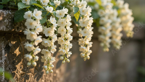 White jasmine blooms cascade over a rustic stone wall. Soft sunlight glows through delicate petals. Frosted dew glistens on each tiny blossom. Green vines trail behind the flowering cascade