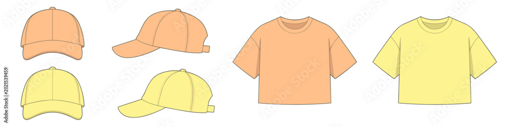 Naklejka premium Set of casual clothing mockups. Peach and yellow crop t-shirt and baseball cap, front and side views. transparent background vector illustration