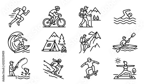 Sticker Outdoor sports and adventure line art icon set with running cycling hiking swimm