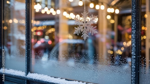 A beautiful decorative snowflake hanging in a frosty shop window display