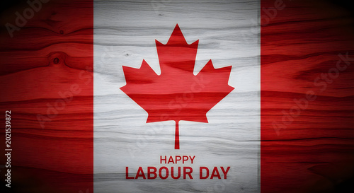 Happy labour day graphic with red maple leaf and brick wall background