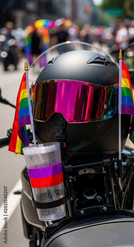 Fototapeta premium Black motorcycle helmet with pink goggles, adorned with rainbow flags and a colorful drink, symbolizing pride and celebration in a parade setting