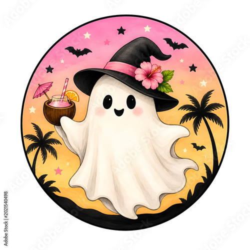 A colorful ghost stands holding a drink with an umbrella. It wears a witch hat and has a flower. Palm trees and bats surround it at sunset, creating a festive atmosphere for Halloween